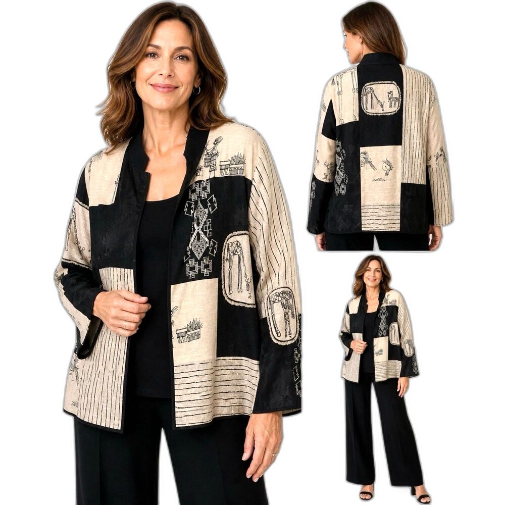 Chico's Large (2) Linen Silk Patchwork Safari Art to Wear Jacket Black Tan Artsy
